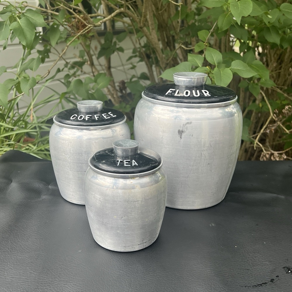 Vtg‎ Kromex 3 Canister Spun Aluminum Flour Coffee Tea - Retro Kitchen Set w/lids